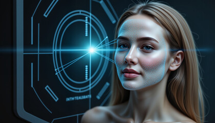 Futuristic facial recognition scanner analyzing a woman's face with bright digital interface in dark setting