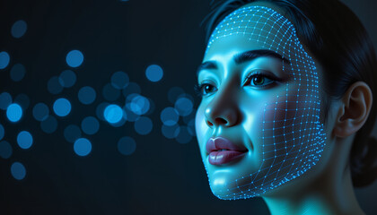 Close-up of a woman's face with glowing facial recognition grid against a dark background, showcasing artificial intelligence tech