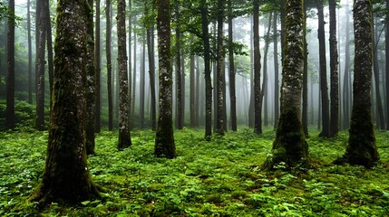 Obraz premium Misty Forest Lush Greenery Mossy Trees Nature Background