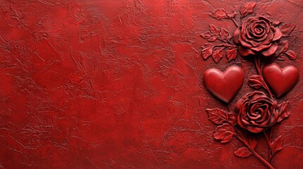A textured red background with embossed hearts and roses.