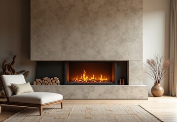 Fototapeta premium Minimalist Home Interior Featuring Textured Stone Wall, Flickering Fireplace, Wooden Mantel, and Soft Lighting 