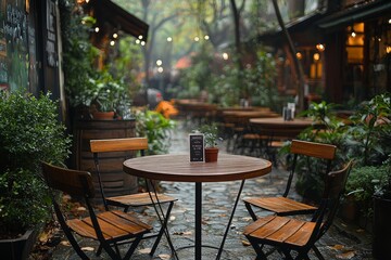 Fototapeta premium Industrial-style outdoor cafe with round brown tables, wooden seating, and chairs, set up in a park area near bushes.