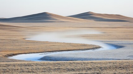 Frozen stream meanders through steppe, sunrise mist, hills.