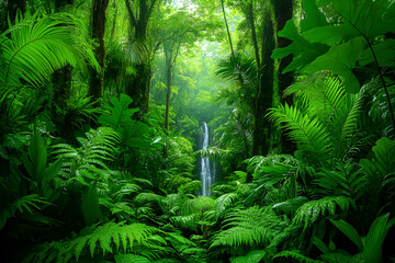 Obraz premium Lush Rainforest Waterfall, Tranquil Jungle Landscape