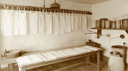 Vintage-style papermaking workshop with old tools and handmade sheets drying on racks, sepia tones 