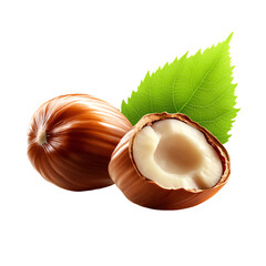 Two hazelnuts with one cracked open, accompanied by a green leaf, white background.