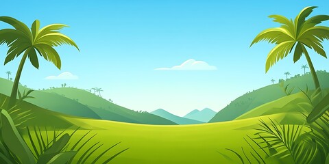 Obraz premium Tropical valley landscape, sunny day, palm trees, green hills. Vacation banner