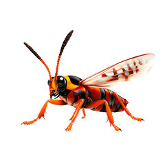 Vivid illustration of a wasp with striking orange and black patterns, white background.
