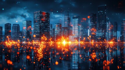 Futuristic Cityscape at Night: A Digital Metropolis Reflecting in a Calm Water Body