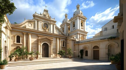 Grand church courtyard in sunlight