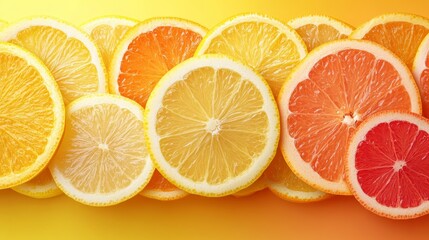 Fresh Citrus Fruits Slices on Vibrant Yellow Background Display