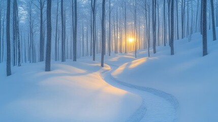 Naklejka premium Magical Winter Sunset in a Snow Covered Forest