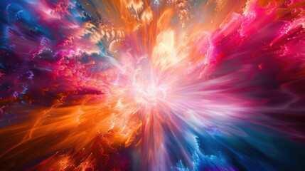 a explosion of vibrant colors and abstract shapes, reminiscent of a cosmic dance of light and energy, white space in the center of the page for text