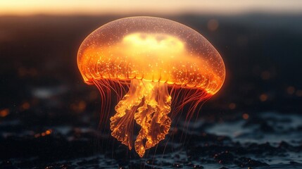 Luminous Orange Jellyfish in a Dark Ocean