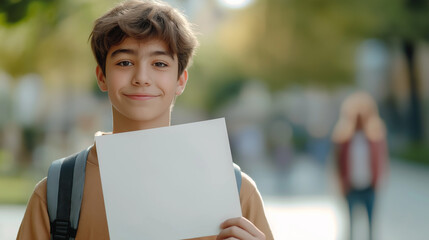 Fototapeta premium person holding sign, young student holding a white piece of paper, free and joyful atmosphere, university student