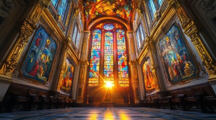 Naklejka premium Sunlit church interior with stained glass