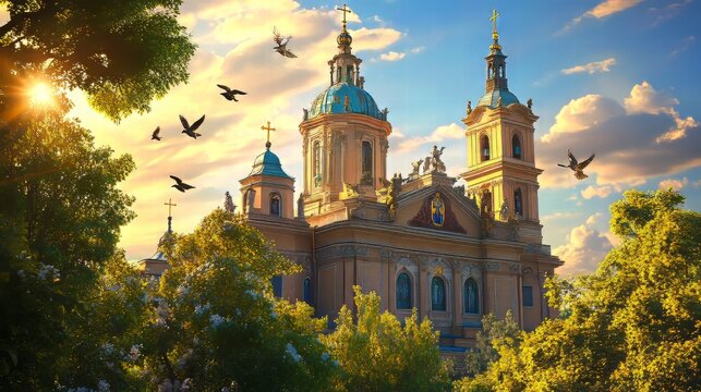 Grand cathedral at golden sunset