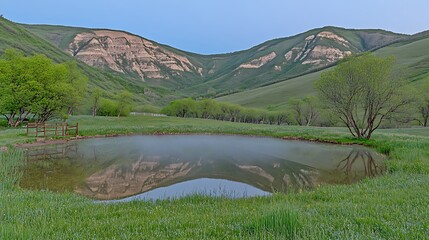 Fototapeta premium Mountain reflection in tranquil spring pond.