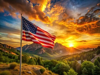 Obraz premium Patriotic sunset paints a mountain panorama, long-exposed to highlight the waving American flag.