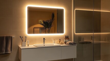 Spacious bathroom design with a white mirror and ambient lighting. 