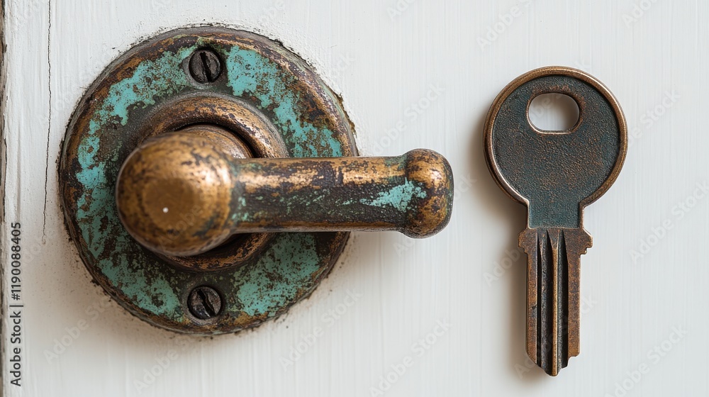 Poster extremely basic lock with its key next to it that needs to fit into the lock white background straig