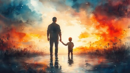 Fototapeta premium father and son praying together watercolor painting