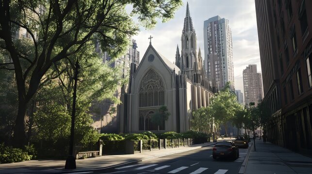 Church amidst city skyscrapers