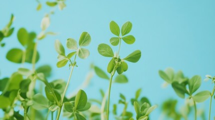 Close-up of vibrant green clover sprouts against a bright blue background.
