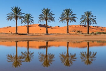 Obraz premium Oasis Reflection: Palm Trees Mirroring in Desert Landscape with Clear Blue Sky