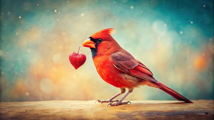 Retro red bird, hearts aflutter!  Vintage Valentine's Day image, sweet and charming.