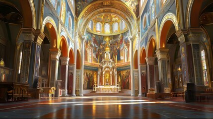 Fototapeta premium Ornate church interior, sunlight streams in