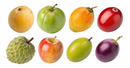 Exotic fruits collection on transparent background yew berry, cocona, elephant apple, marula, hogweed, sorb apple, hog plum, and cocoplum isolated on white, high-resolution cutout, perfect for design 