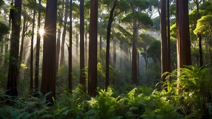 Fototapeta premium Sunlight and Mist in the Serene Gumwood Forest of Saint Helena