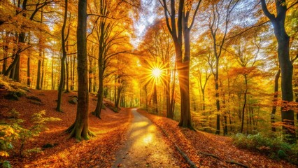Serene forest panorama: golden autumn hues paint a tranquil nature scene.