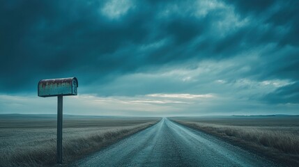 Rustic mailbox on a lonely, long gravel road under a dramatic stormy sky.
