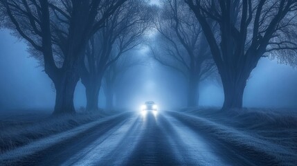 Car drives on rural road with tree alley on thick fog