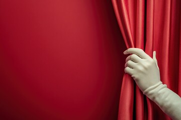 Gloved Hand Reveals Red Curtain: Unveiling Secrets, Mystery, and Hidden Drama with a Touch of Elegance and Anticipation.