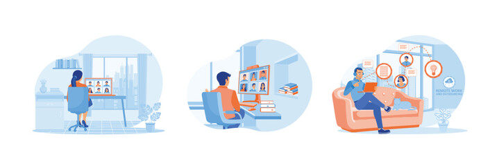 Fototapeta premium Three scenes depicting remote work with technology in modern workspace settings.