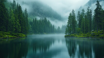 Fototapeta premium foggy forest and mountain river in the morning