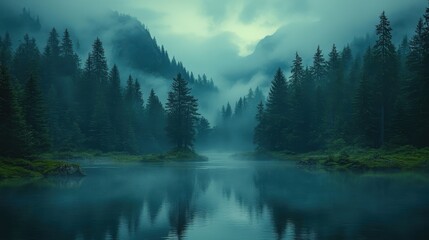 foggy forest and mountain river in the morning