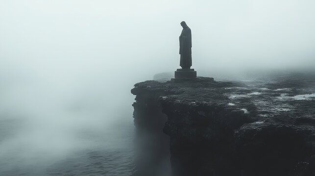 foggy landscape with silhouette of chist statue on a cliff black and white photo