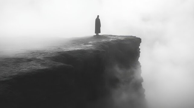 foggy landscape with silhouette of chist statue on a cliff black and white photo