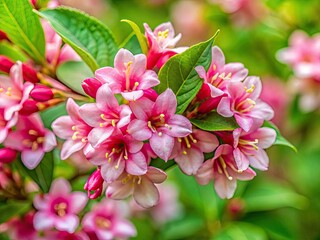 Spring's vibrant pink Weigela florida blossoms captured in detailed macro photography.