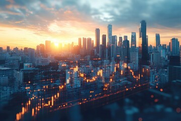 Sunrise Cityscape with Stock Market Data Overlay Highlighting Financial Trends