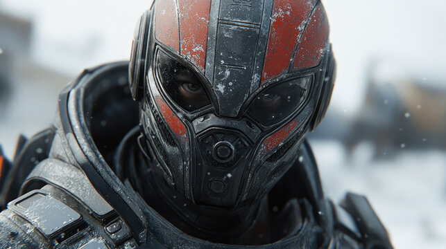 Futuristic Soldier in Snowy Landscape with High-Tech Helmet and Armour