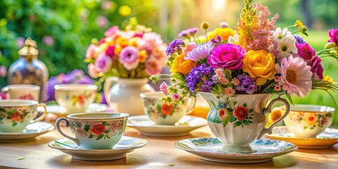Still life photography: floral artistry graces a refined tablescape of cups and saucers.