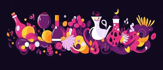 Naklejka premium Colorful Abstract Illustration of Wine Bottles, Glasses, Flowers, and Fruits