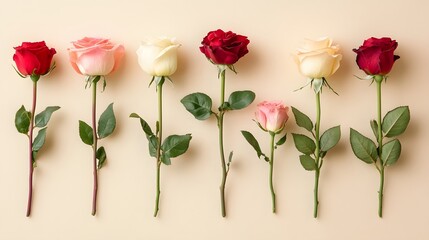 Fototapeta premium Soft Focus Image of Roses in Various Stages of Bloom Against a Neutral Background, Showcasing the Beauty of Nature and Floral Diversity