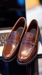 Elegant Brown Leather Loafers on Office Desk with Laptop Background
