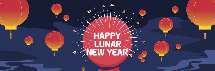 A creative minimalist Lunar New Year poster design with a dark theme. There's a large red firecracker with stars exploding from it. The background is a dark blue sky with floating lanterns. 